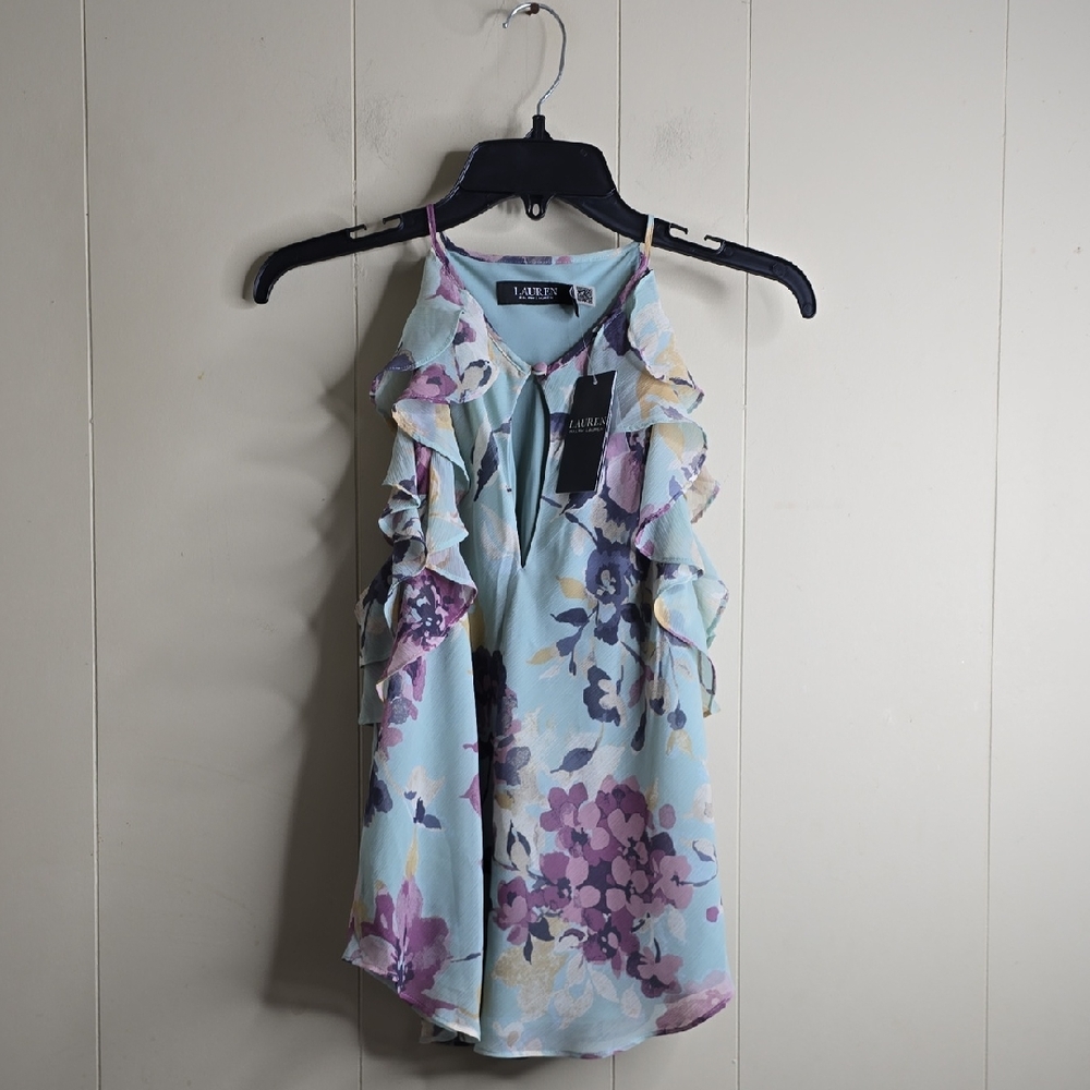 Women's Floral Ruffle Top - Blue and Purple 8 Lauren Ralph Lauren - Picture 2 of 9